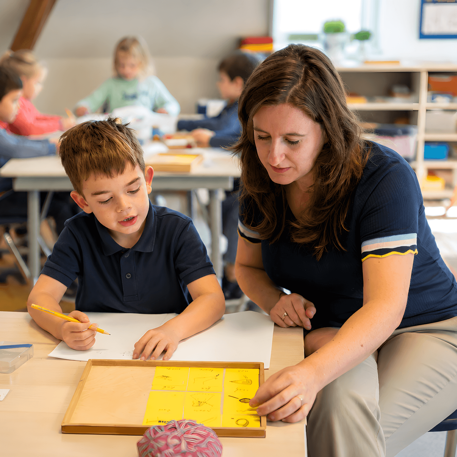 ABA professional helping a student during classroom activities